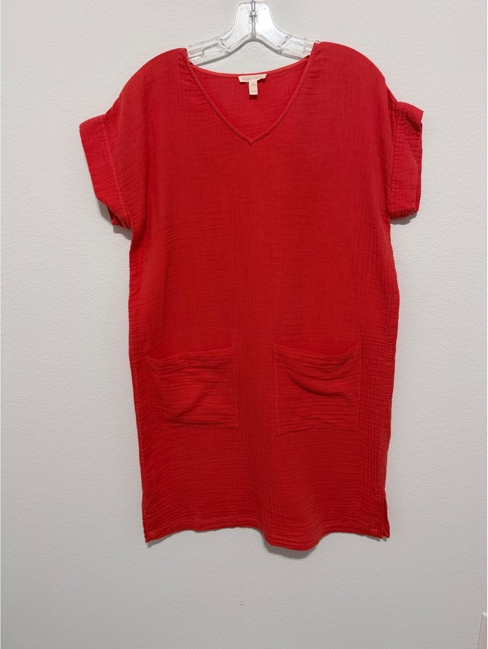 Eileen Fisher Cotton Gauze Short Sleeve V-Neck Orange T-Shirt Dress Size XS